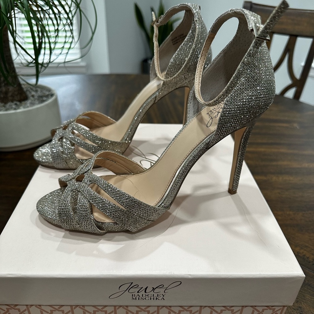 Jewel Bartley Mischka silver heels